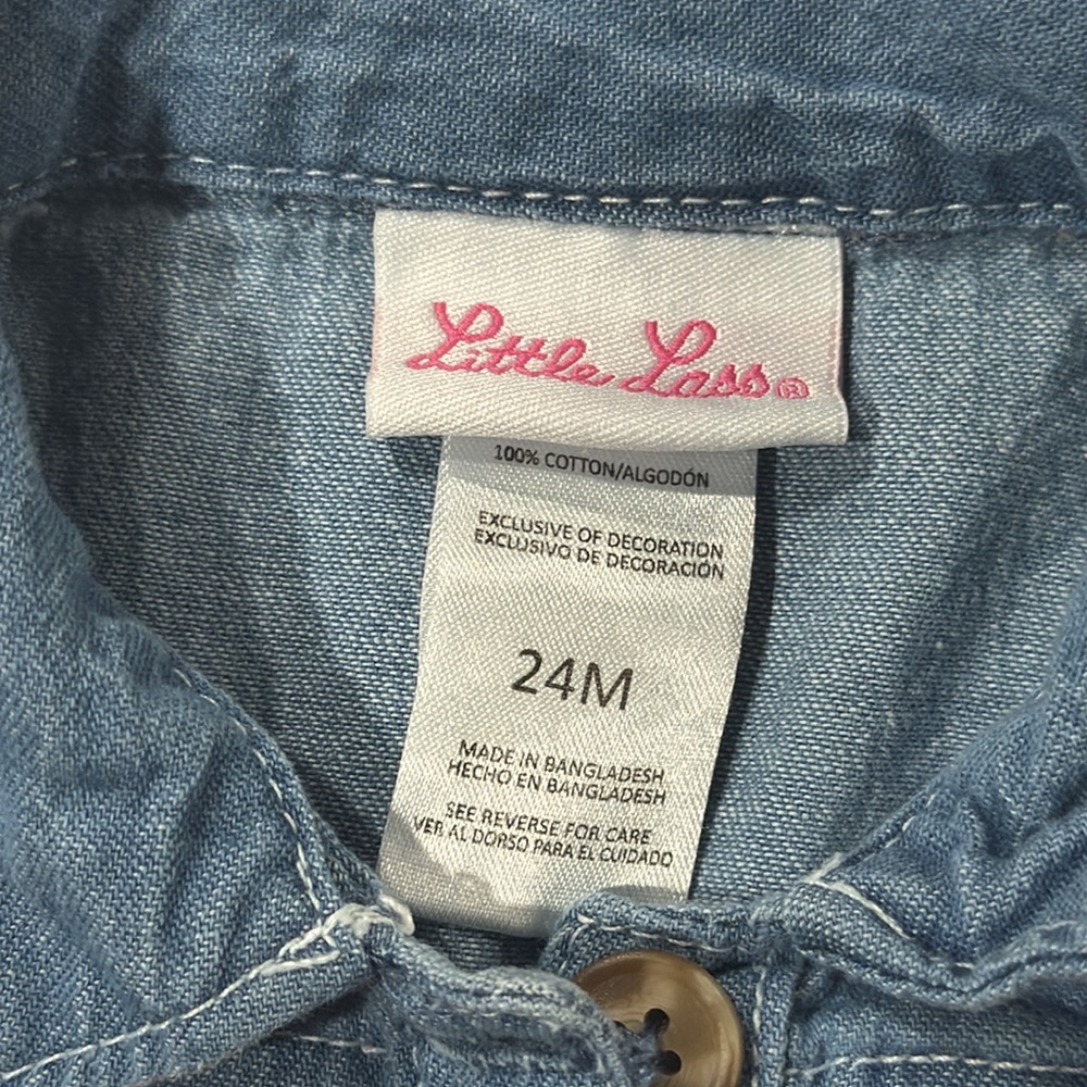 Little Lass Baby Girls Blue Denim Dress with Embroidered Floral Accents - Picture 2 of 5